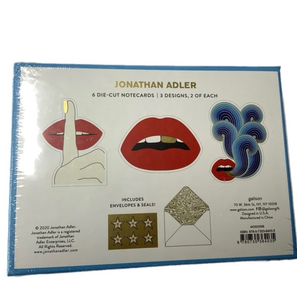 NEW! Jonathan Adler Lips Boxed Diecut Notecard Set of 6 Cards Stickers Envelopes - Picture 4 of 7